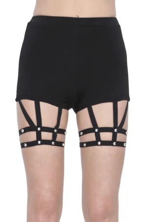 Black riveted high-waisted garter shorts front view with silver rivets on thigh straps and cutout design