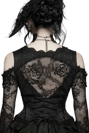 Gothic black corset lace-up back view with open lace panel and beaded tassel trim