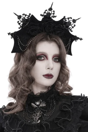 Black gothic rose crown headpiece with lace wings front view on female model with dark makeup