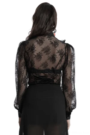 Black gothic lace blouse back view showing dramatic corset-style lace-up detail and rose mesh pattern