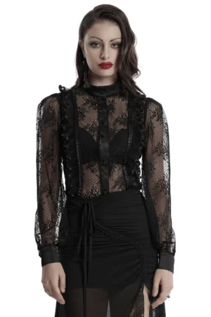 Black rose lace gothic blouse front view worn by model with stand collar and sheer lantern sleeves