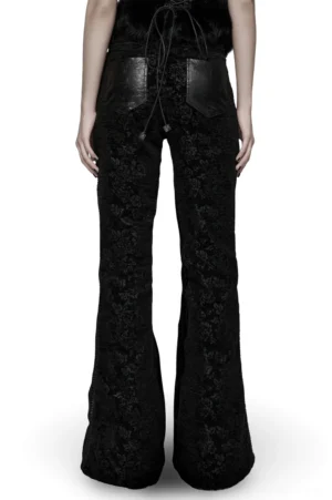 Black rose jacquard gothic flared pants rear full body view - faux leather back pockets and side zipper design
