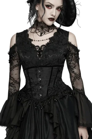 Black velvet rose underbust corset with beaded lace-up back worn with lace top, front full-body view