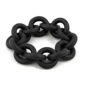 Black matte rubber linked chain bangle, handcrafted gothic punk bracelet with geometric chain design, top-down view