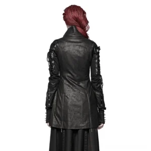 Black rubber gothic lace-up coat rear view on model, showing textured back hem and lace details