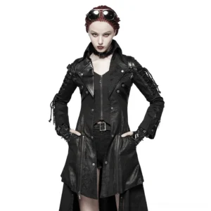 Black rubber gothic lace-up coat front view on model with red hair, full-body shot in studio