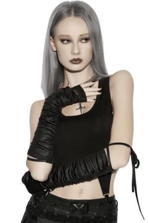 Front view of black ruched cyberpunk arm gloves with metal rivet straps worn by model with silver grey hair