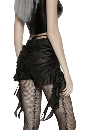 Black ruched gothic shorts back view displaying drawstring closure and draped chiffon panels