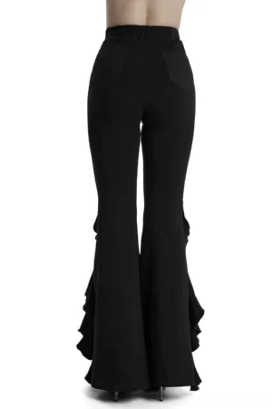 Black ruffle flare pants rear view displaying back pocket and dramatic ruffled hem edges