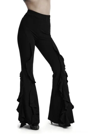 Black ruffle flare gothic pants side view worn by female model showcasing ruffled hem and fitted waist