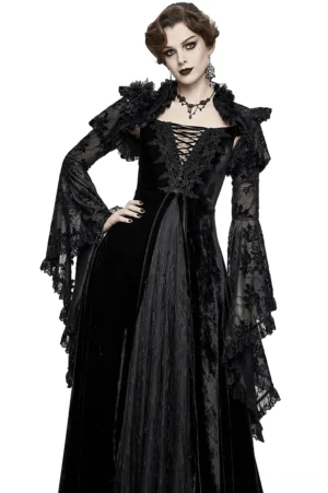 Black gothic ruffled lace bolero cape with flare sleeves worn by model, three-quarter front view showing lace-up detail and theatrical ruffled shoulders