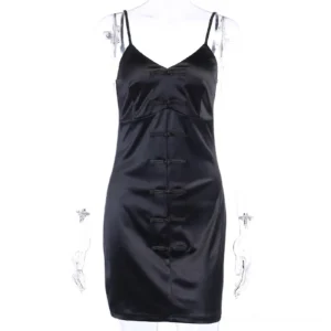 Black satin gothic slip dress displayed on clear acrylic mannequin, front view highlighting frog button closures and V-neckline