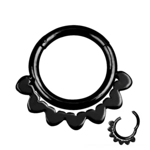 Black scalloped hinged clicker nose ring with ornate lower trim - flat lay product shot