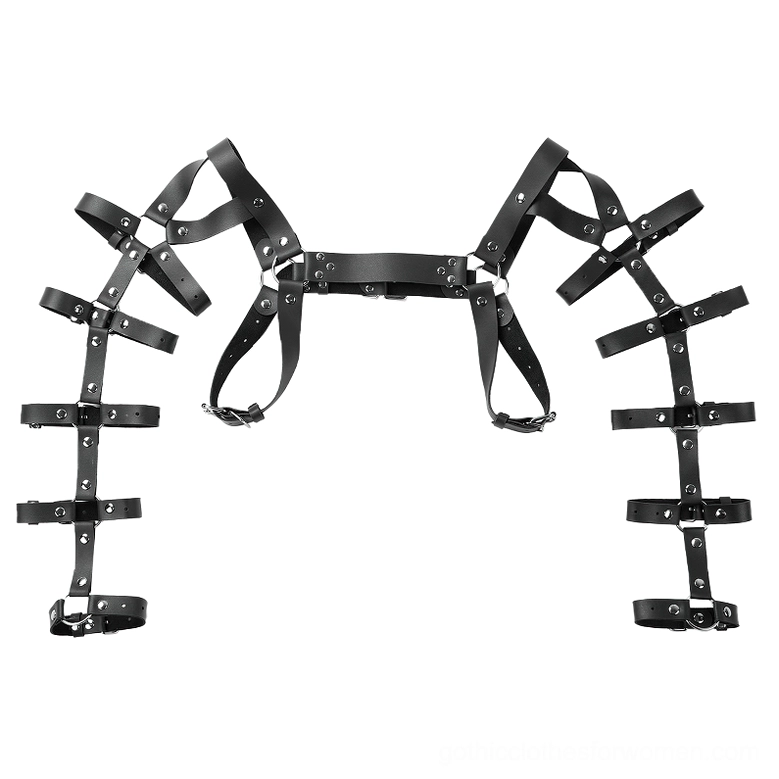 Minimalist black arm and shoulder harness without chest strap, showing segmented arm strap construction