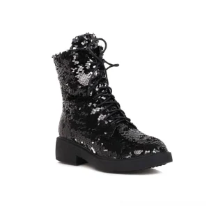 Black sequin ankle combat boots full sequin coverage with black lacing system