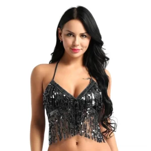 Black sequin halter crop top with tassel fringe front view on model