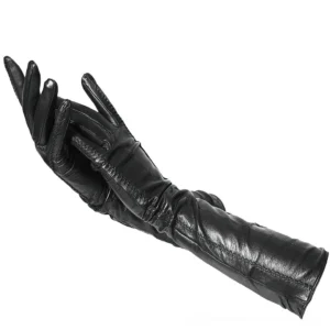 Black sheepskin leather elbow-length gloves with precision stitching detail, three-quarter view showcasing sleek gothic aesthetic