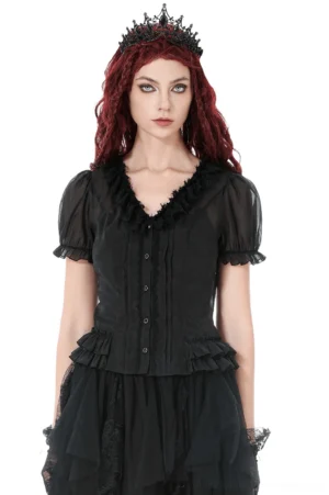 Black sheer gothic blouse with puff sleeves front view on model with red hair wearing matching tulle skirt