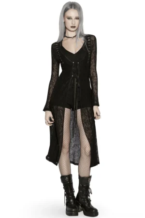 Black sheer gothic cape with side drawstrings worn by model, front full-body view showcasing slim silhouette and transparent knit fabric
