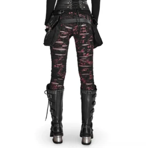 Back view of distressed gothic leggings with lace-up waist detail and utility pouches
