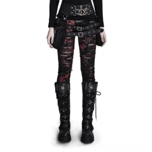 Black mesh gothic leggings with red underlay shredded distressed design front view