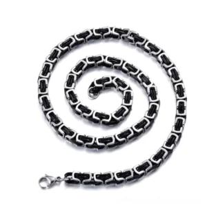 Black and silver twisted Singapore chain biker necklace with interlocking geometric links - gothic fashion jewelry