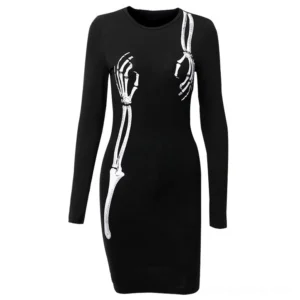 Black gothic mini dress displayed on dress form, front full view showing crew neck neckline and white skeleton arm graphic print