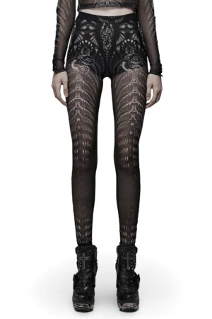 Black skeleton mesh gothic leggings with silver ornate prints, front full-body view on female model