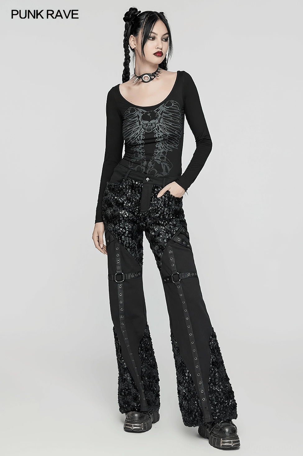 Black skeleton print gothic long sleeve top with metal chain back detail displayed flat on studio background showing full product composition