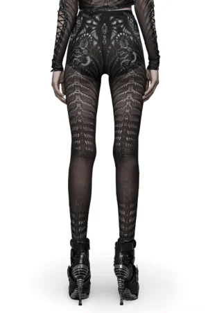 Black gothic mesh leggings rear view with high-waisted printed waist panel, styled with stiletto boots