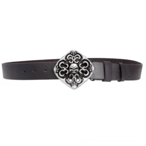 Slim punk rock leather belt with skull-carved buckle flat lay front view on white background, showing the full length and quality of the genuine cowskin