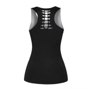 Gothic women's tank top back view displaying hollow-out racerback with spine-shaped cutout design and black fabric construction