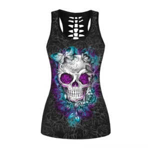 Black gothic tank top for women with sugar skull and butterfly print, front view showing artistic floral design and slim fitted silhouette