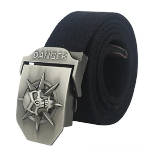 Black woven canvas skull belt with metal danger buckle spiked design front view