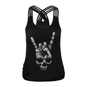 Black skull crisscross gothic tank top for women front view, featuring bold skull and hand print design on sleeveless vest with edgy rock aesthetic