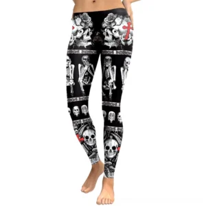 Black skull cross gothic leggings front rear view, high waistband with skeleton print pattern, women's ankle-length goth leggings