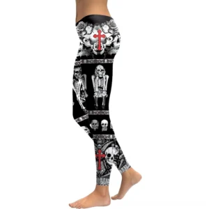 Black skull cross gothic leggings side rear view, high-waisted skeleton print pants, women's slim fit alternative streetwear