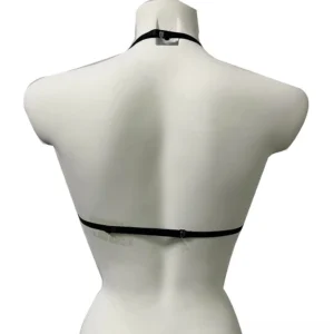Black cupless skull chest harness back view - gothic women's harness showing halter neck strap and adjustable back waist buckle