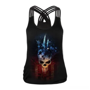 Black gothic skull flag tank top for women with crisscross hollow back straps front view