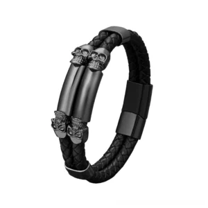 Black Gothic Skull Magnetic Bracelet with Braided PU Leather - Stainless Steel Heavy Metal Bangle