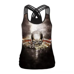 Black skull and crossbone gothic tank top front view with crisscross hollow back design, sleeveless alternative fashion vest