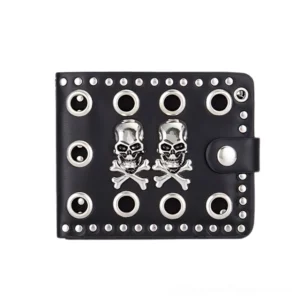 Black gothic skull rivet bifold wallet front view with dual silver skulls and industrial rivets on PU leather