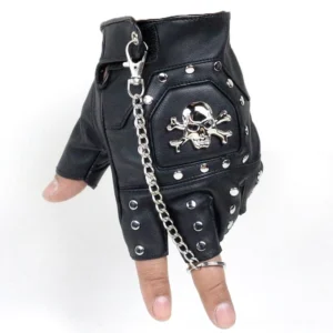 Black faux leather half-finger skull gloves with metal rivets and silver chain detail - front view single glove display