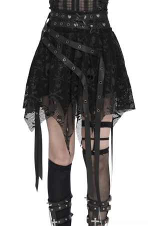 Black skull lace mini skirt with star buckle front view showing asymmetric ribbon hem and mesh strap details