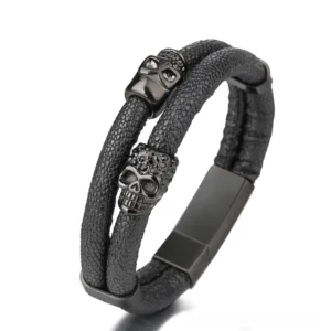 Black genuine leather dual-strand skull bracelet with black stainless steel skull accents and magnetic clasp, gothic style jewelry