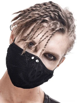 Black skull mesh gothic face mask close-up front view with silver studs and adjustable elastic cord on male model with punk styling
