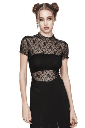 Black skull mesh gothic t-shirt front view with metal stud mock neck, featuring intricate lace pattern on model with space buns hairstyle