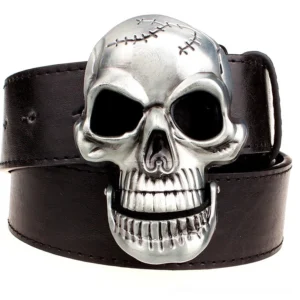 Black gothic leather belt with large skull metal buckle - front flat lay showing full belt design