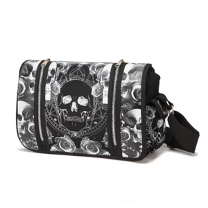 Black gothic shoulder bag with skull and pentacle print, front view showing dual zipper compartments and canvas construction