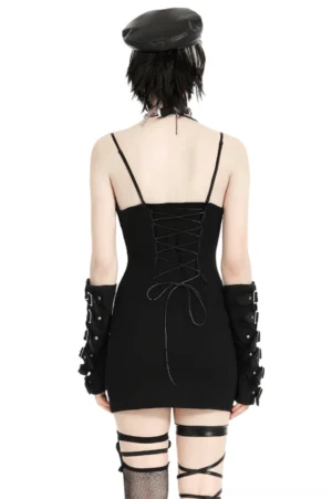 Black gothic mini dress rear lace-up back view with skull and rose print, rear closure detail on model